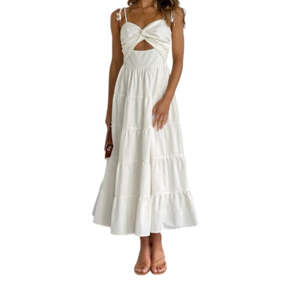 Pink Diamond Tiered Midi Dress Twist Front Tie Strap Smocked White Maxi Size 6
